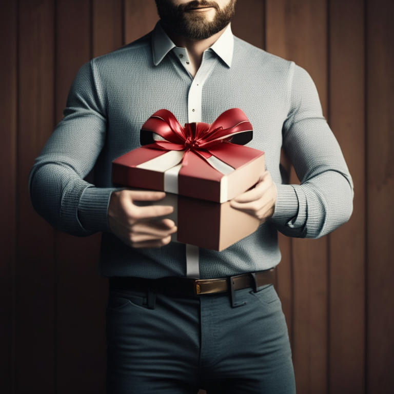 a man with his hands on his hips holding a gift box