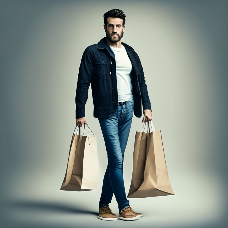 a man with his hands on his hips holding a shopping bag