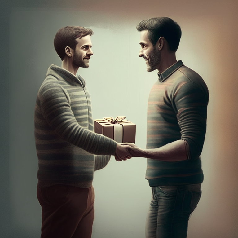 a man with his hands on his hips handing a gift to a friend