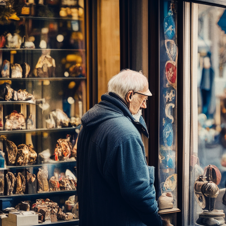 a man with his hands on his hips looking at a gift shop window
