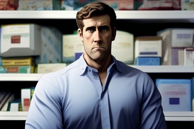a man with a serious expression standing in front of a gift shelf in a store