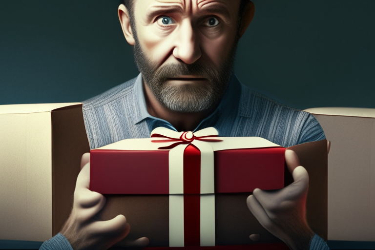 a man with a serious expression giving a gift to his family