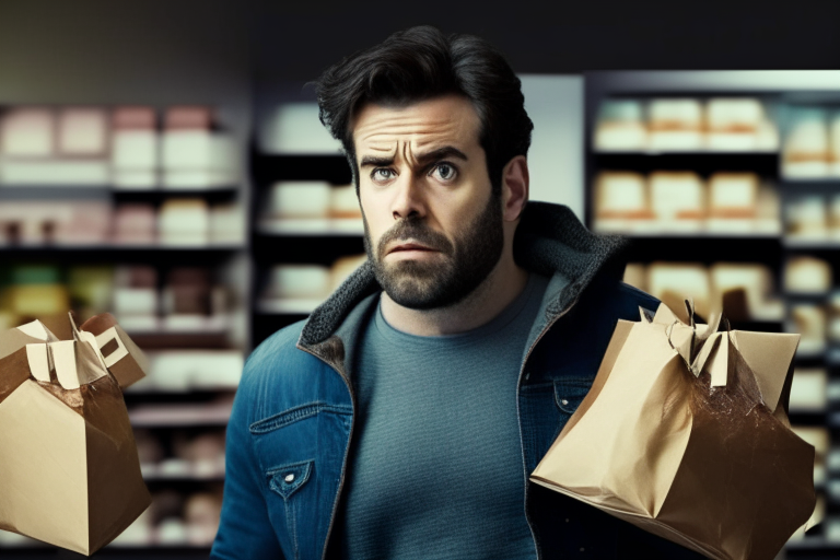 a man with a serious expression buying a gift in a store