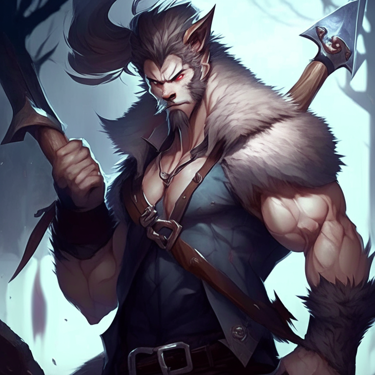 Handsome anime wolf Man, he carries the hammer 