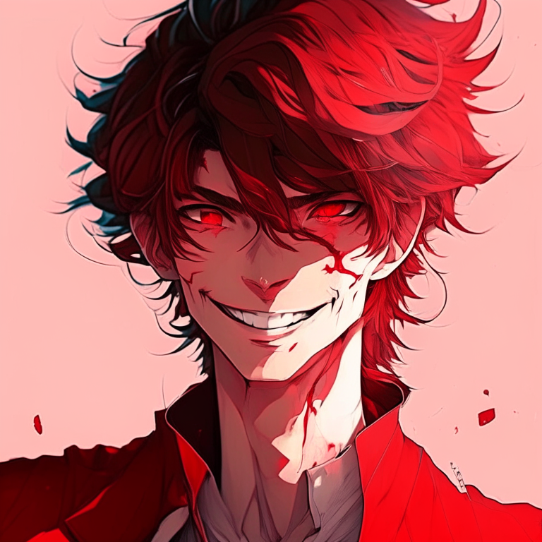 Handsome anime ai , red colour, laughs 