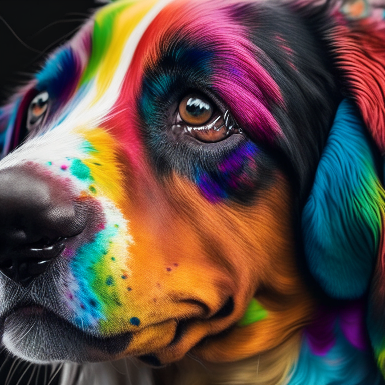 A close up of a colourful dog