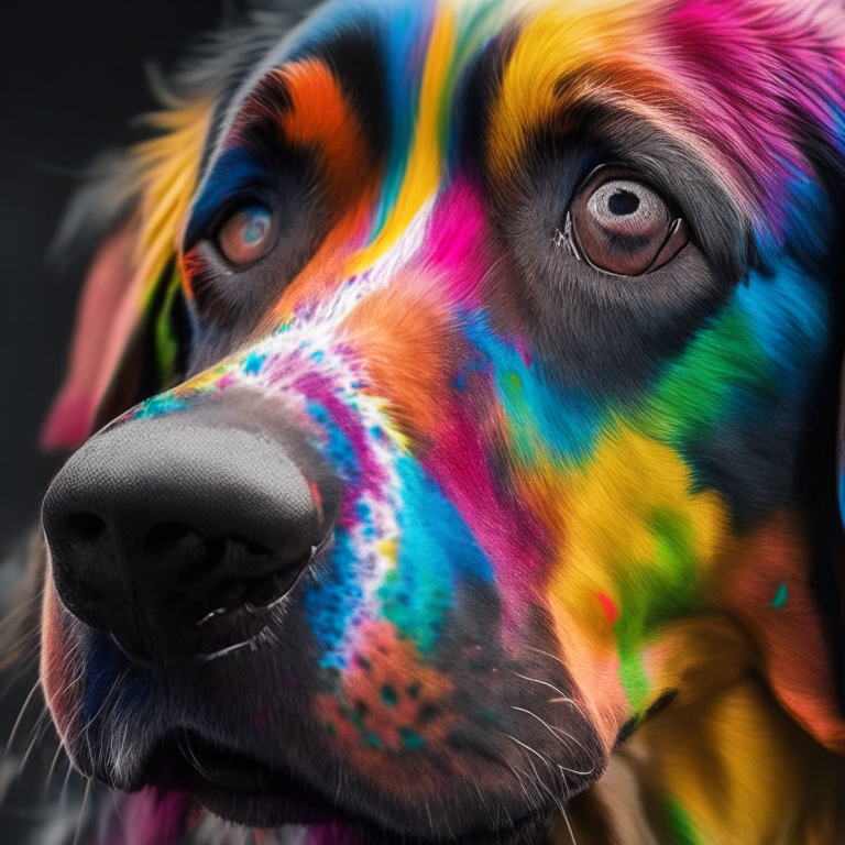 A close up of a colourful dog