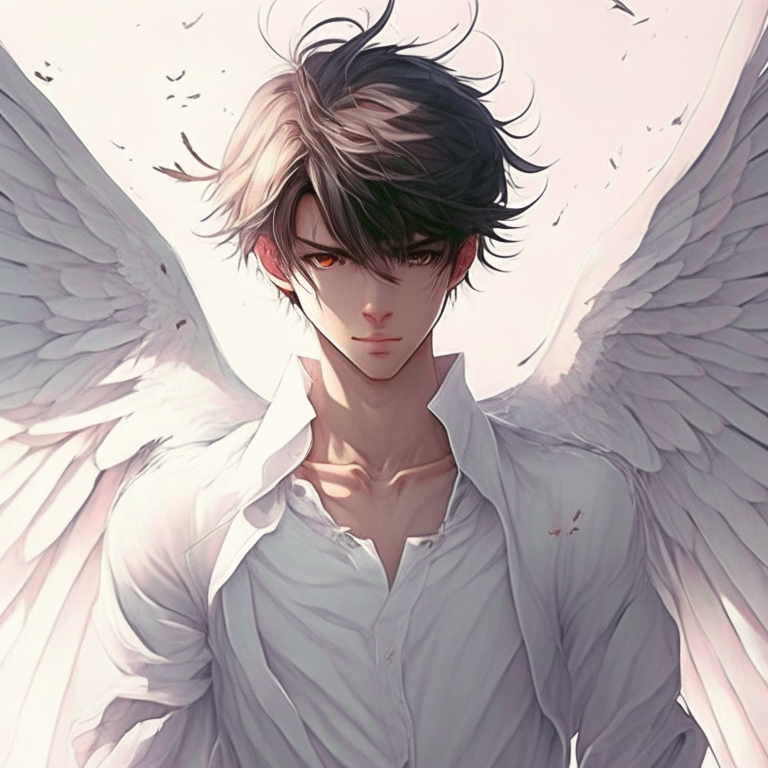 Handsome anime guy with wings، white colour 
