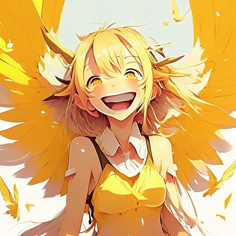 Pretty anime girl laughs
with wings، yellow colour 
