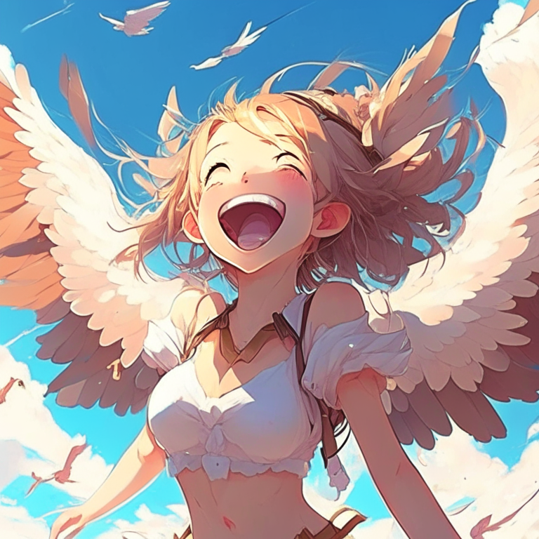 Pretty anime girl laughs
with wings، in the sky
