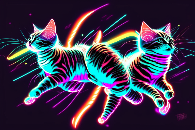flying striped cats with flashing lights on the head and tail, 80s style, neon colors, retro vibe