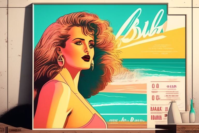 80s style beach bar poster with a woman on the right side