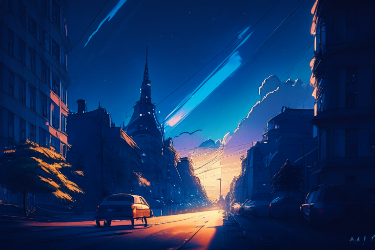 20mm lens flare, dark blue skies, ghibli style anime, Kyiv city scape