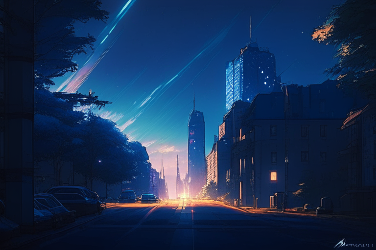 20mm lens flare, dark blue skies, ghibli style anime, Kyiv city scape