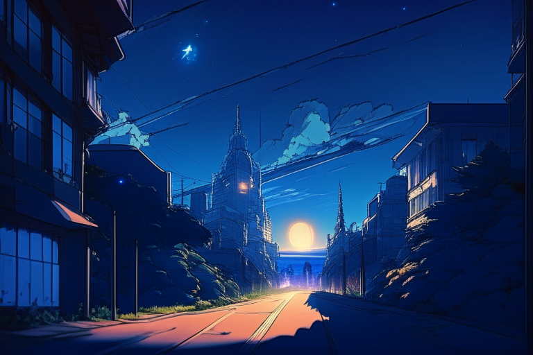 20mm lens flare, dark blue skies, ghibli style anime, Kremenets city scape
