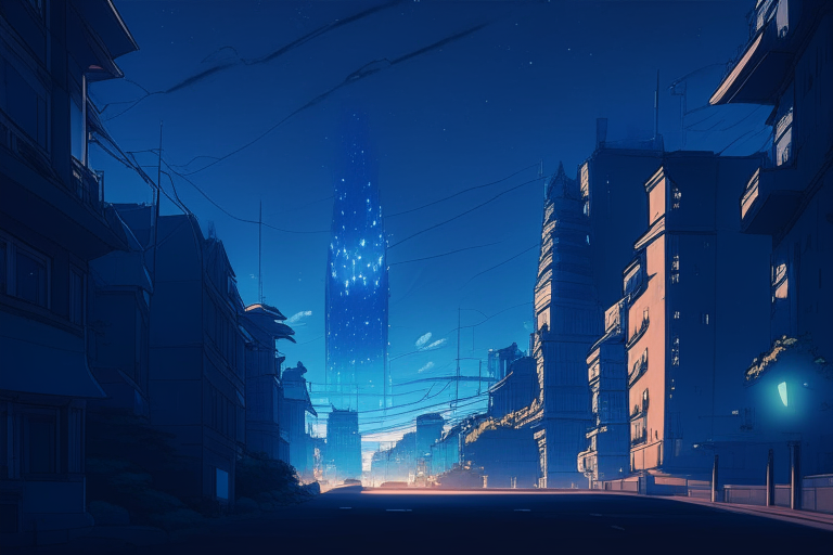 20mm lens flare, dark blue skies, ghibli style anime Kremenets city scape