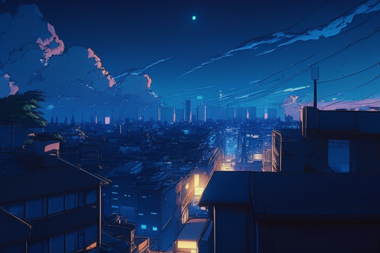 20mm lens flare, dark blue skies, ghibli style anime Kremenets wide city scape from the roof