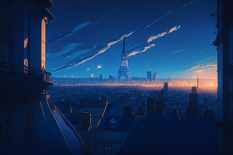 20mm lens flare, dark blue skies, ghibli style anime Paris wide city scape from the roof