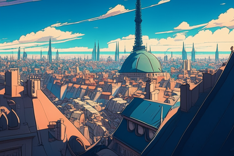 paris city scape from 100m high roof, ghibli anime style city scape