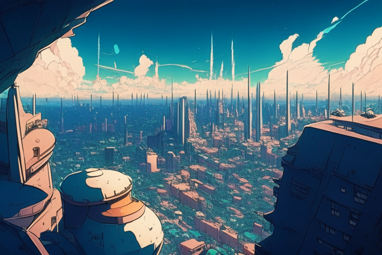 city scape from 100m high roof, ghibli anime style city scape, asteroid impact