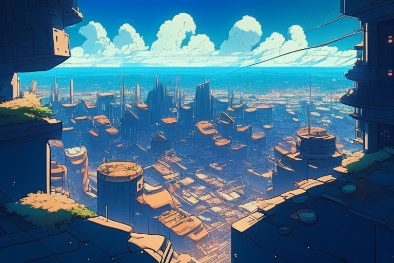 city scape from 100m high roof, ghibli anime style city scape, asteroid impact