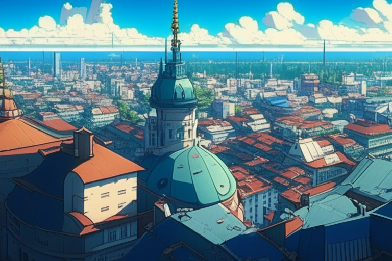 city scape from 100m high roof, ghibli anime Dnipro style city scape