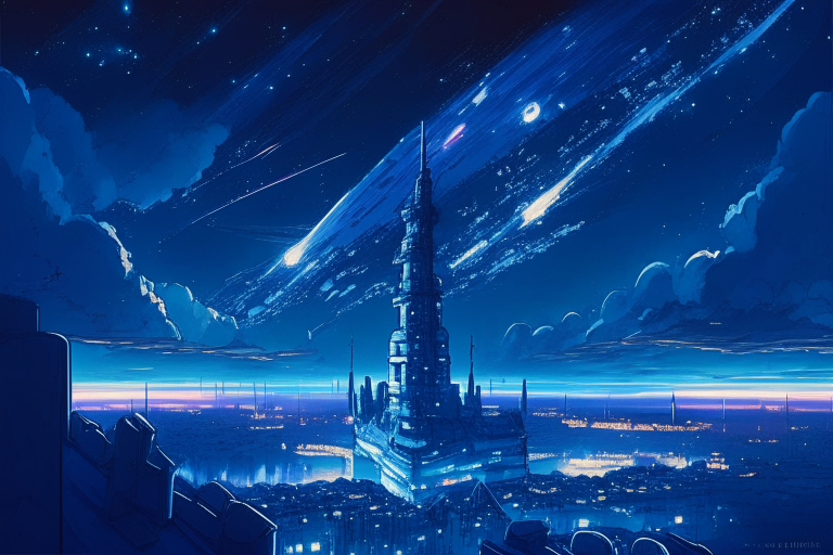 city scape from 200m high roof, ghibli anime Dnipro style city scape, starship in the sky, sky is dark blue, many flares