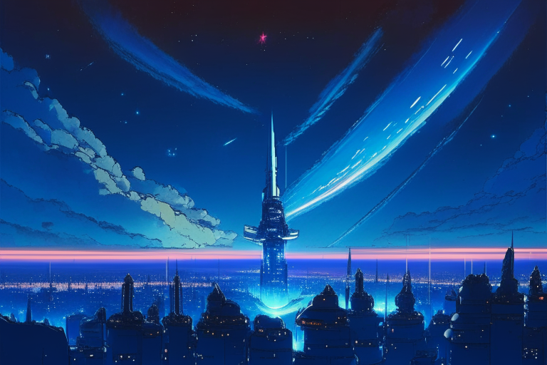 city scape from 200m high roof, ghibli anime style Dnipro city scape, starship in the sky, sky is dark blue, many flares