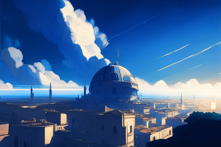 city scape from 200m high roof, ghibli anime style Rome city scape, starship in the sky, sky is dark blue and grey with clouds, sun is bright, many flares