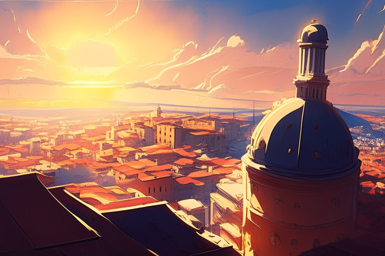 city scape from 200m high roof, ghibli anime style Rome city scape, before the storm, sun is bright, many flares