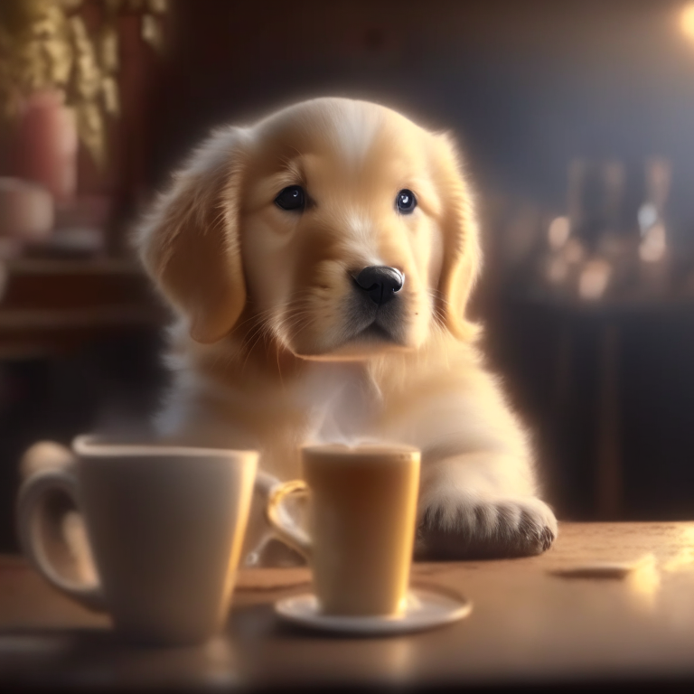 a golden retriever puppy drinking a latte with heart-shaped art, cozy atmosphere, 4k