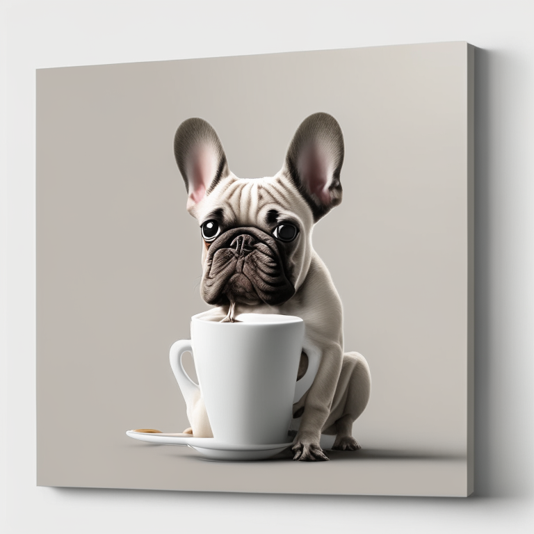 a French bulldog puppy drinking a latte with heart-shaped art, minimalist style, 4k