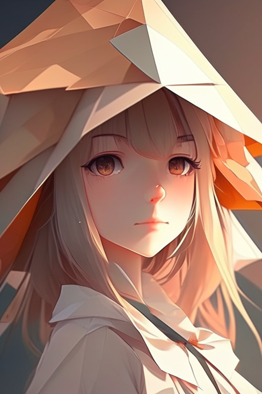 a beautiful anime girl wearing an origami hat, with a serene expression and a soft background, 4k