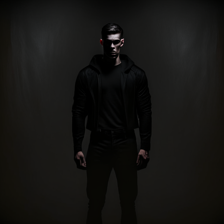 a man in an all black outfit, standing in front of a dark background