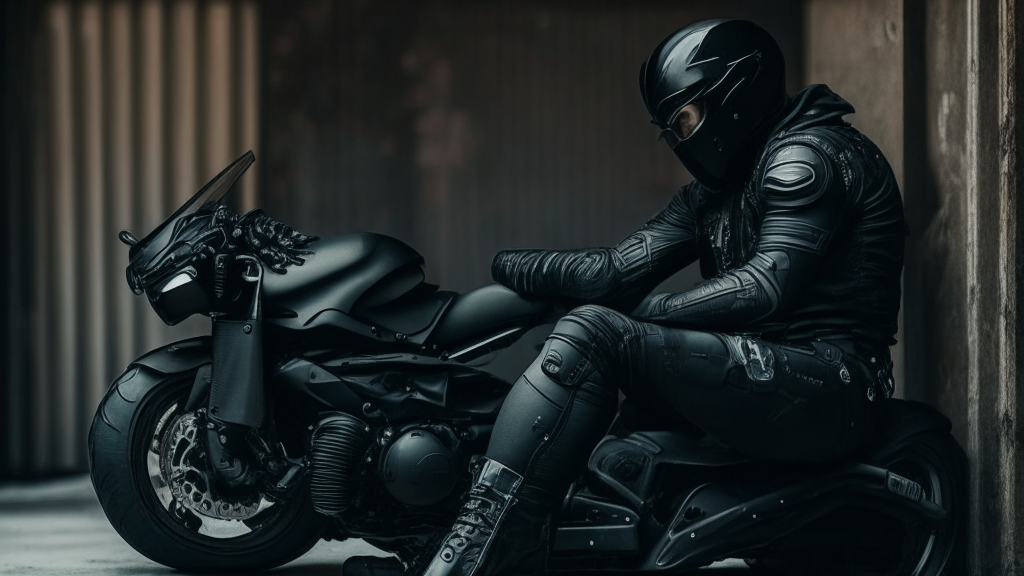 a man in an all black motorcycle outfit with helmet on, sitting on a motorcycle