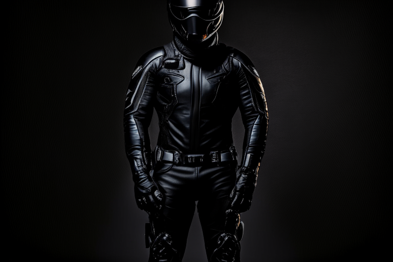 a man in an all black motorcycle outfit with a helmet on, standing in front of a black background