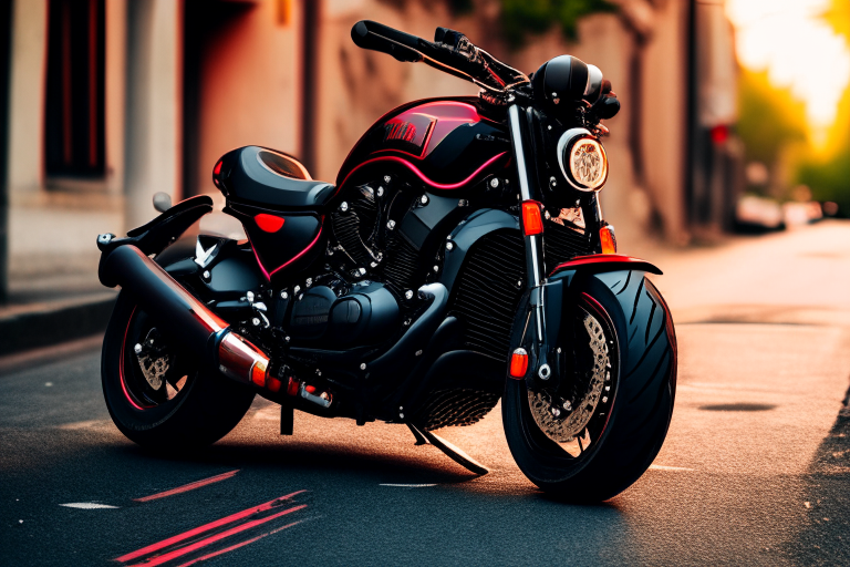 a black motorcycle with a red stripe, parked on a road