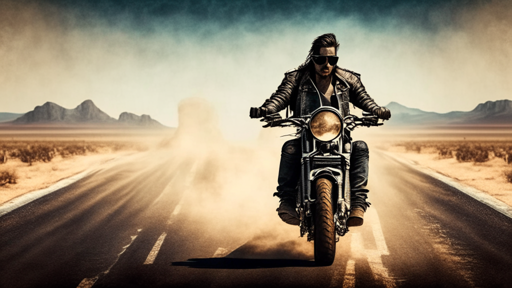 a man on a motorcycle with a leather jacket and sunglasses, riding on a deserted road