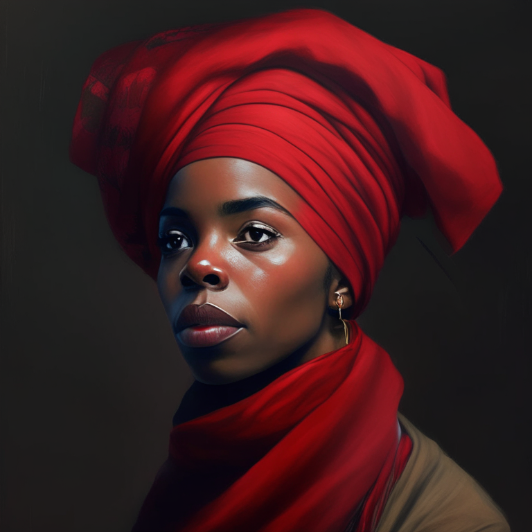 a person wearing a red scarf and a headpiece with an African American character