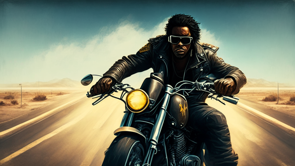 a man on a motorcycle with a leather jacket and sunglasses, riding on a deserted road and an African American character