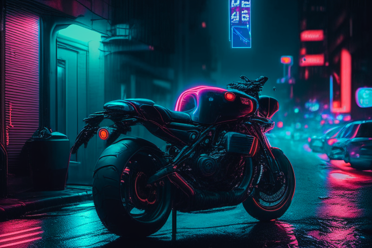 a motorcycle parked on a city street at night with neon lights in the background