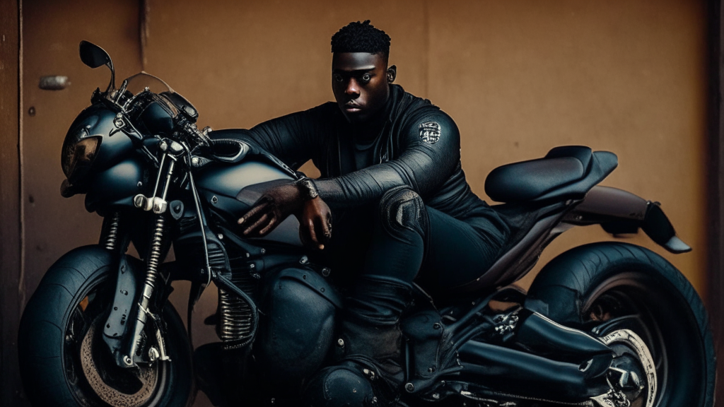 a black man sitting on a sport motorcycle