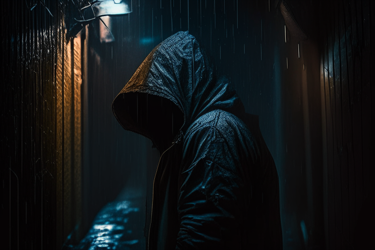 a hacker hiding from the light on a rainy day in a dark alley