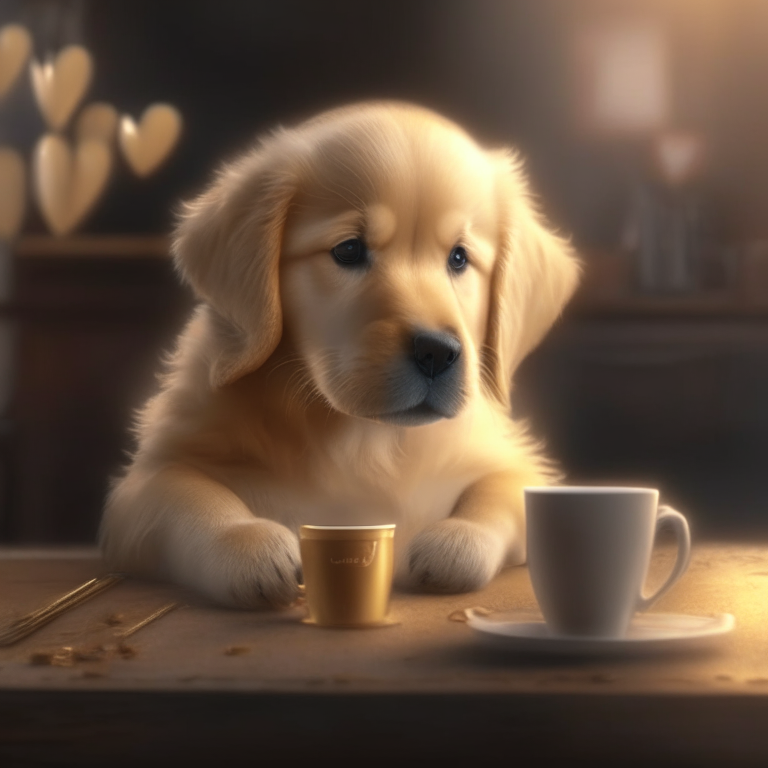 a Golden Retriever puppy drinking a latte with heart-shaped art, cozy atmosphere, 4k