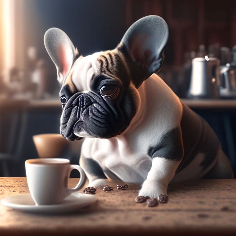 a French Bulldog puppy drinking a latte with heart-shaped art, modern cafe, 4k