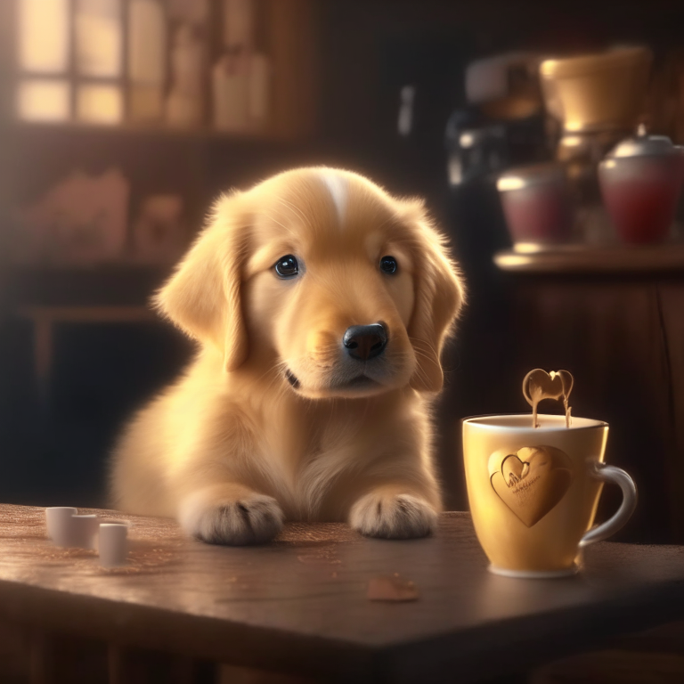 a Golden Retriever puppy drinking a latte with heart-shaped art, cozy atmosphere, 4k