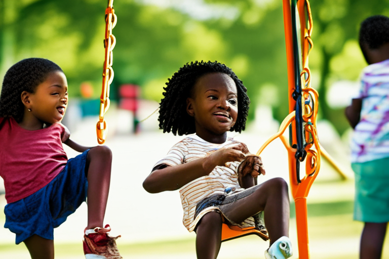 African American kids playing on the swings in the playground