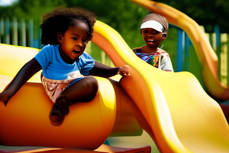 African American kids playing on the slide in the playground