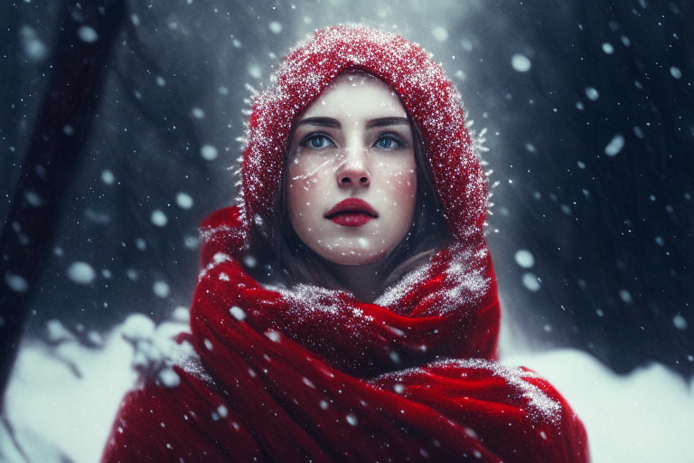 a woman with a red scarf and a headpiece standing in a snowy forest, with snowflakes falling around her