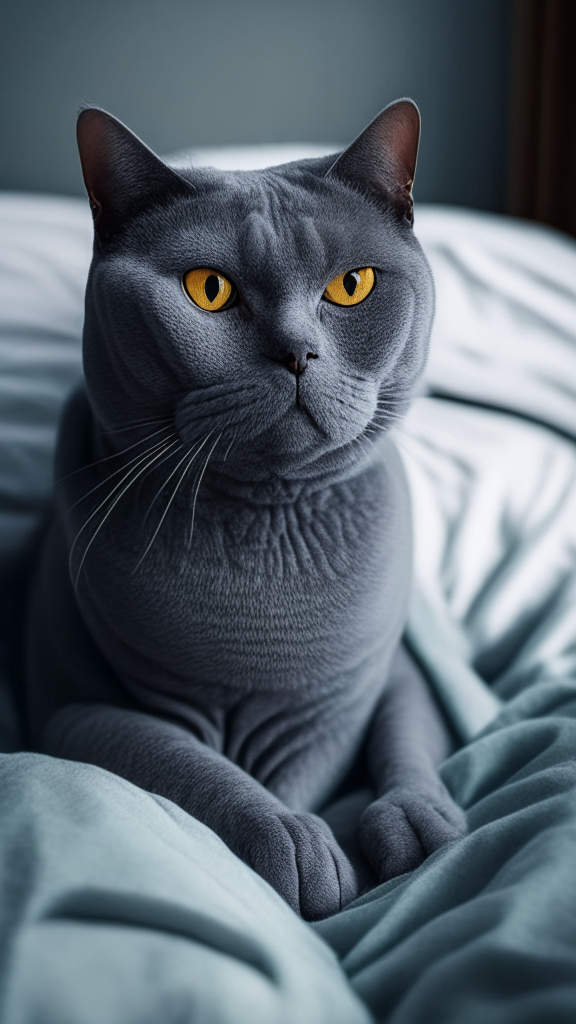 a portrait of a grey cat sitting on a bed looking at the camera